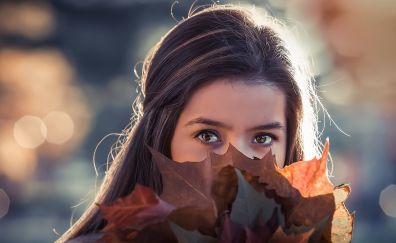 Autumn, leaves, face, girl