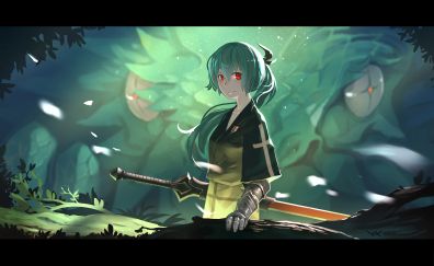 Warrior in forest, original, anime girl