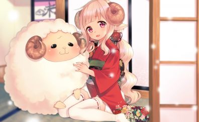 Cute, anime girl, and sheep, original