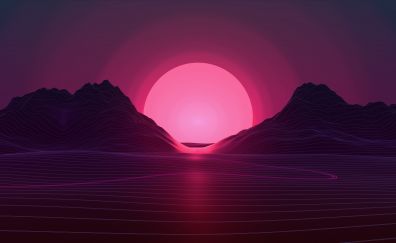 Sunset, digital art, neon pink, mountains, 4k