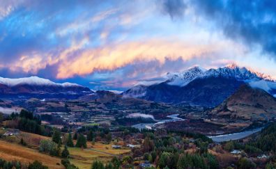 Mountains, clouds, town, nature, landscape, new zealand