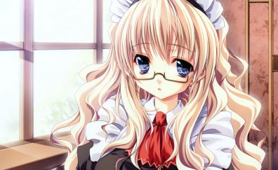 Apron, blonde anime girl, glasses, original