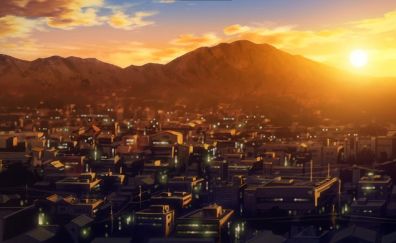 Anime, cityscape, sunset, evening