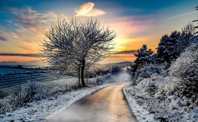 Winter, road, snow, nature, sunset