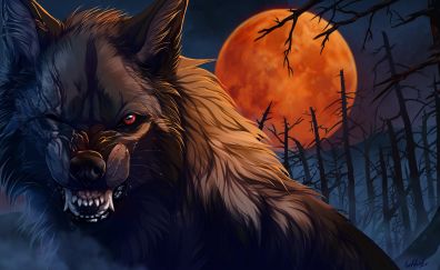 Wolf, roar, night, angry, artwork