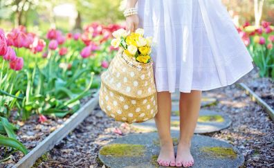 Basket, tulip, flowers, girl, legs
