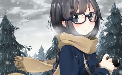Glasses, cute, anime girl, photographer, outdoor