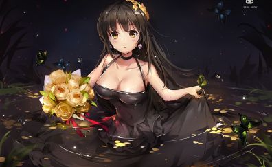 Original, anime girl, black dress, lake