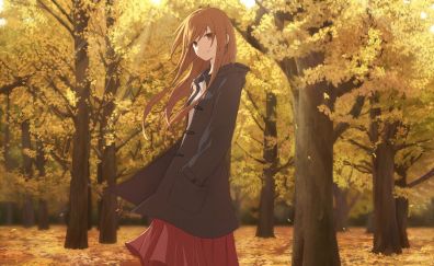 Blonde, anime girl, outdoor, autumn