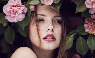Brunette, girl model, flowers, face