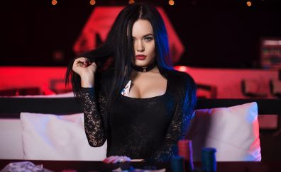 Play with hair, girl model, poker table