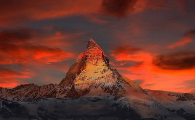 Matterhorn, sunset, mountains, clouds, 5k