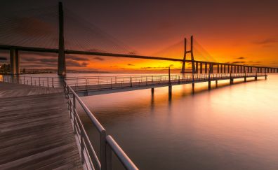 Bridge, sunset, sea, dock