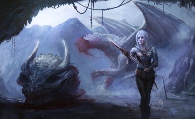 Ciri, the witcher, sword, girl warrior, video game, art