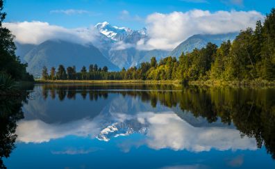 Lake Matheson, mountains, New Zealand, nature