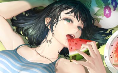 Beautiful, anime girl, eating melon, art