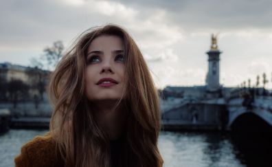 Model, brunette, looking up, happy, mood