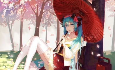 Garden, blossom, anime girl, hatsune miku, umbrella