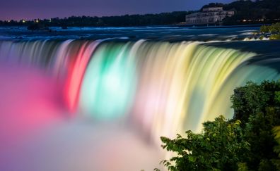 Colorful, river, Niagara Falls, night, 8k
