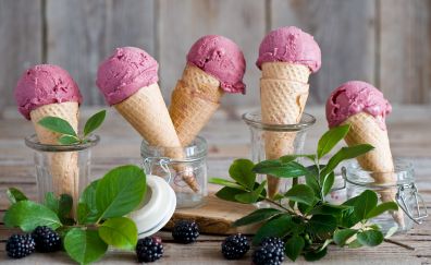 Ice cream, blackberry, leaves, food, fruits