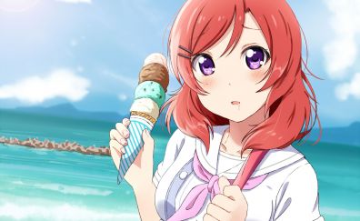 Maki Nishikino eating ice cream, red head anime girl