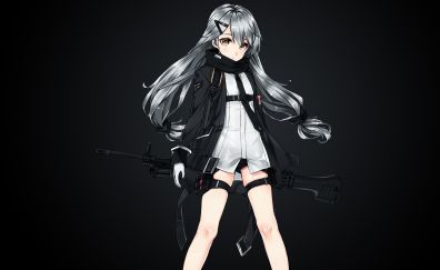 White hair anime girl with gun, beautiful