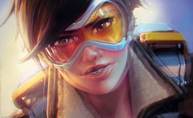 Tracer, video game, overwatch, fan art, face, glasses