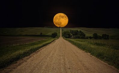 Moon, road, landscape, night, nature