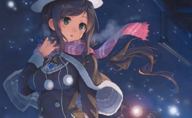 Night, train, winter, anime girl