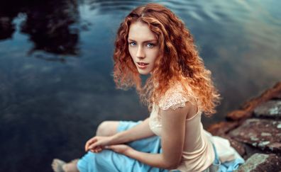 Looking back, red head, girl model, lake, outdoor