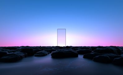 Glass door, portal, clear pink sky, rocks, digital art