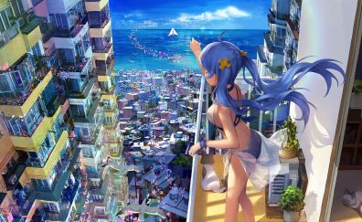 Blue hair anime girl, cityscape, bikini, balcony