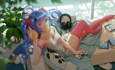 Lying down, cute, blue hair anime girl