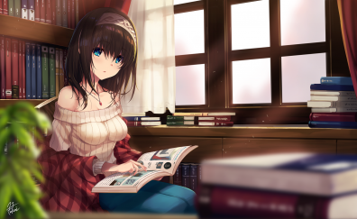 Cute girl, reading, book, anime, original