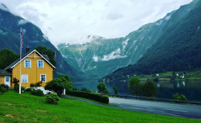 Norway, road, lake, mountains, landscape