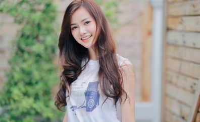 Cute, Asian model, smile, brunette