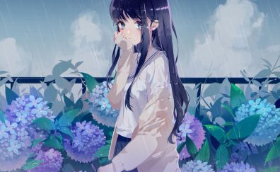 Anime girl, rain, outdoor, original