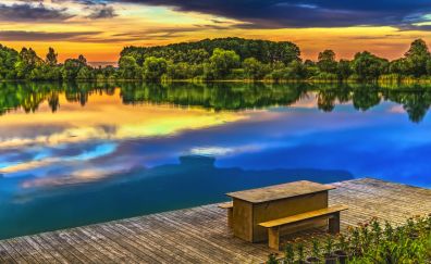 Sunset, dock, bench, lake, reflections