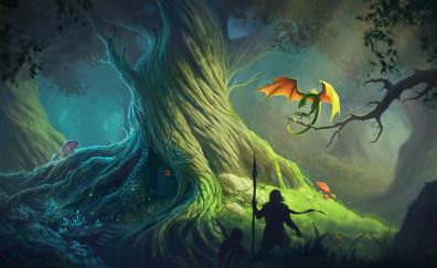 Dragon, fantasy, warrior, tree