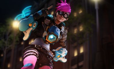 Tracer, pink hair, girl, overwatch, online game
