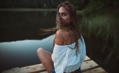 Dock, girl model, sitting, outdoor, hair on face