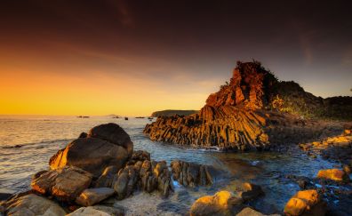 Coast, sea, sunset, nature, rocks, 5k