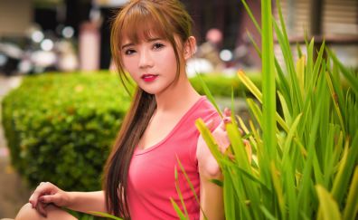 Asian model, girl, red head, grass, sitting