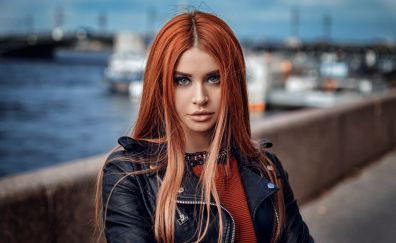 Redhead, harbour, jacket, stare