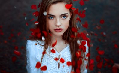 Face, blue eyes, girl model, petals