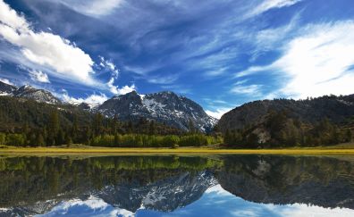 Mountains, forest, lake, reflections, trees