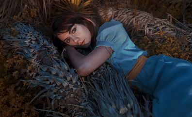 Blue dress, girl model, lying down