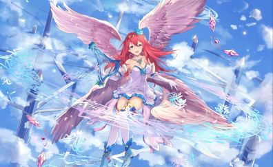 Red head, anime girl, wings, fly