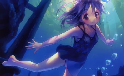 Brown eyes, anime girl, original, underwater, swimming