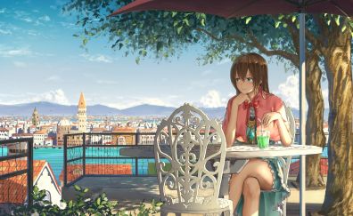 Cute girl, anime, drinking, summer